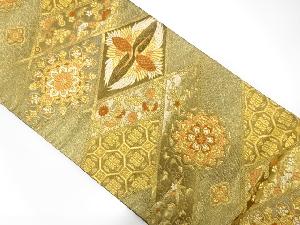 本金斜め格子に向かい鶴・華紋模様織り出し袋帯